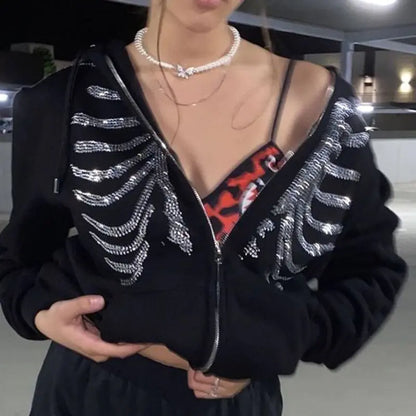 Y2K Rhinestone Ribs Hoodies