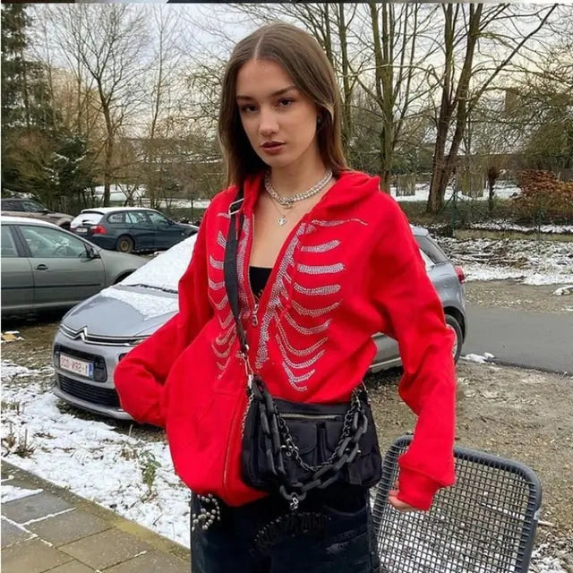 Y2K Rhinestone Ribs Hoodies